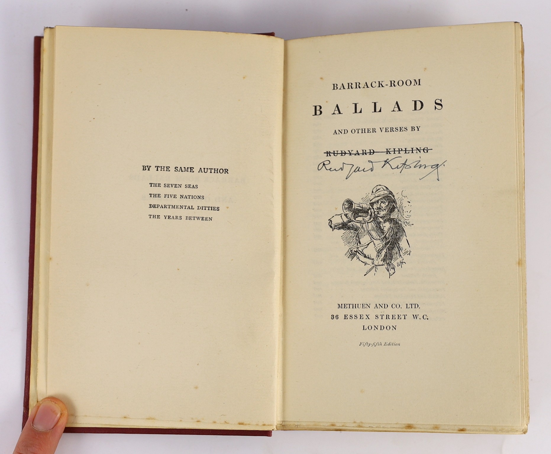 Kipling, Rudyard - Barrack Room Ballads and Other Verses, 55th edition, title illus., half title; publisher's gilt-lettered cloth and pictorial d/wrapper. 1921. signed by the author on title